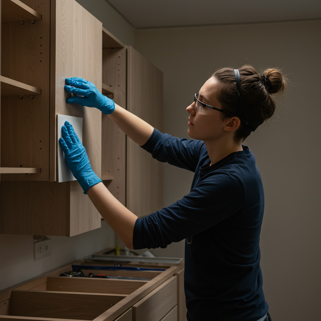 A woman installing new cabinet doors during a kitchen remodel, wearing safety glasses and blue gloves.