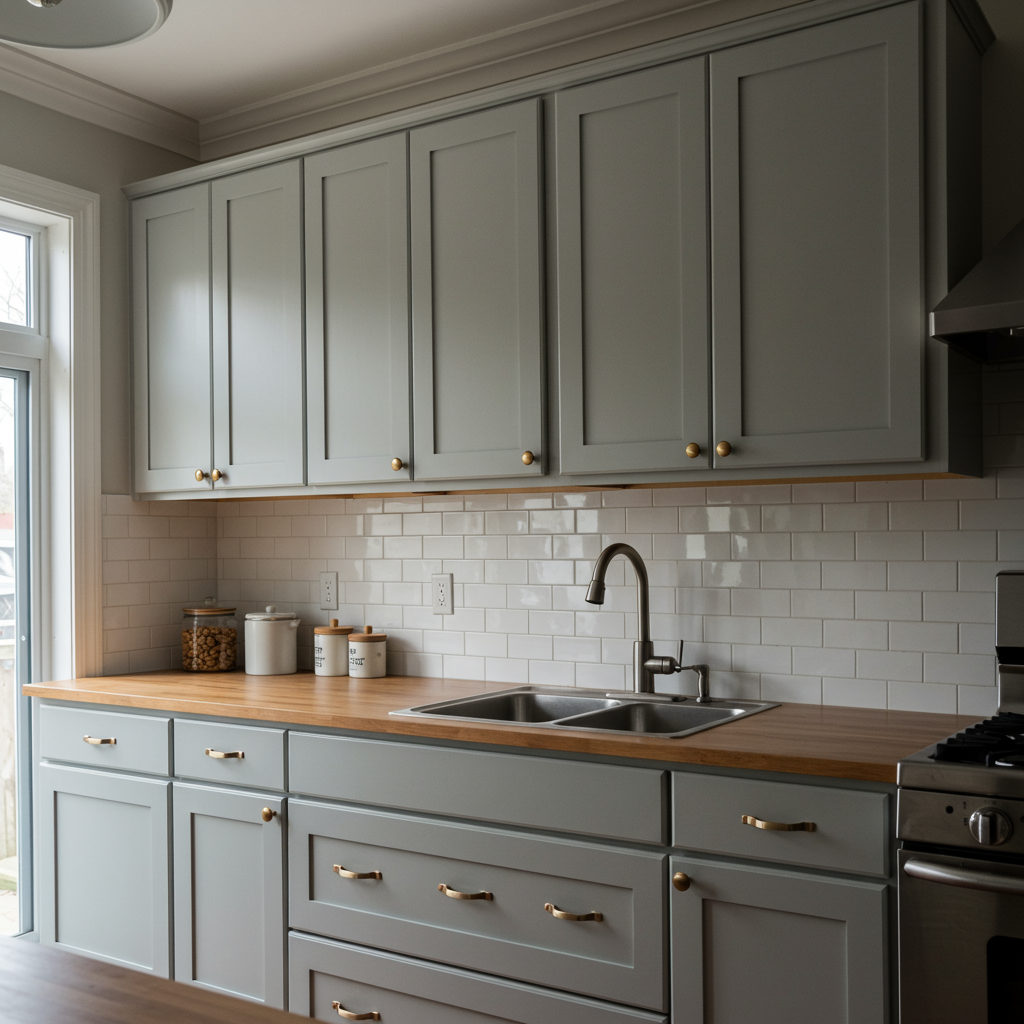 Updated kitchen with refaced cabinets, new hardware, modern lighting, and fresh backsplash without a full remodel.