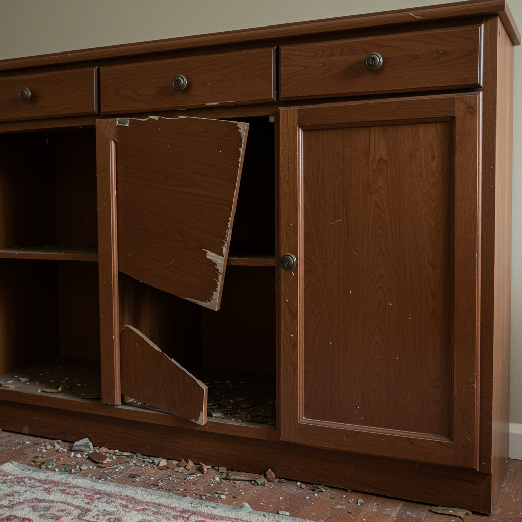 Close-up of worn and outdated kitchen cabinets with broken doors.