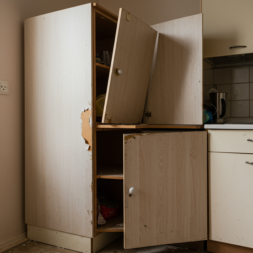 Close-up of damaged cheap kitchen cabinets with peeling laminate, swollen particle board, and misaligned doors showing signs of failure.