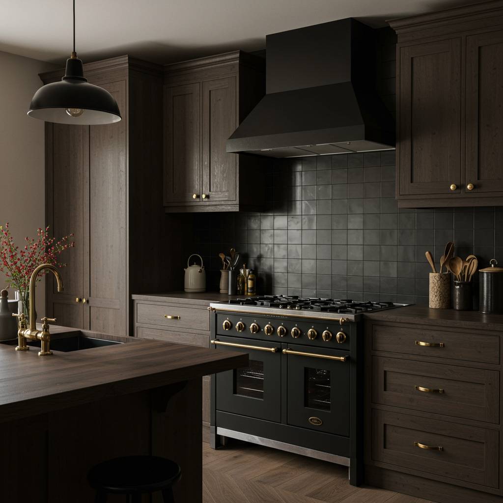 Dark modern kitchen with wood cabinets, black tile backsplash and gas range